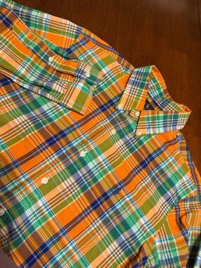 Ralph Lauren Oxford Shirt Mens Large Orange Plaid Long Sleeve Pony Cotton Preppy